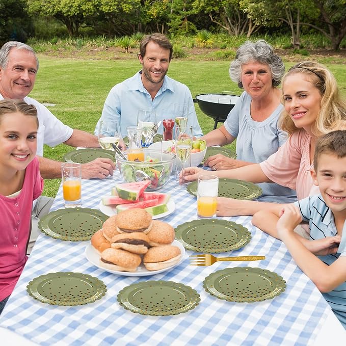 50PCS Sage Green Paper Plates, 7 Inch Scalloped Green and Gold Party Plates Disposable Foil Polka Dots Dessert Plate Cake Plate for Birthday, Baby Shower, Wedding, Bridal Shower St Patricks