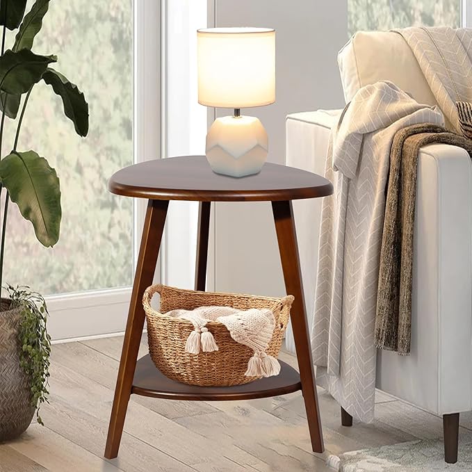Wood Side Table, Small End Table with Storage Shelf, Accent Table for Living Room, Solid Wood Legs, Walnut