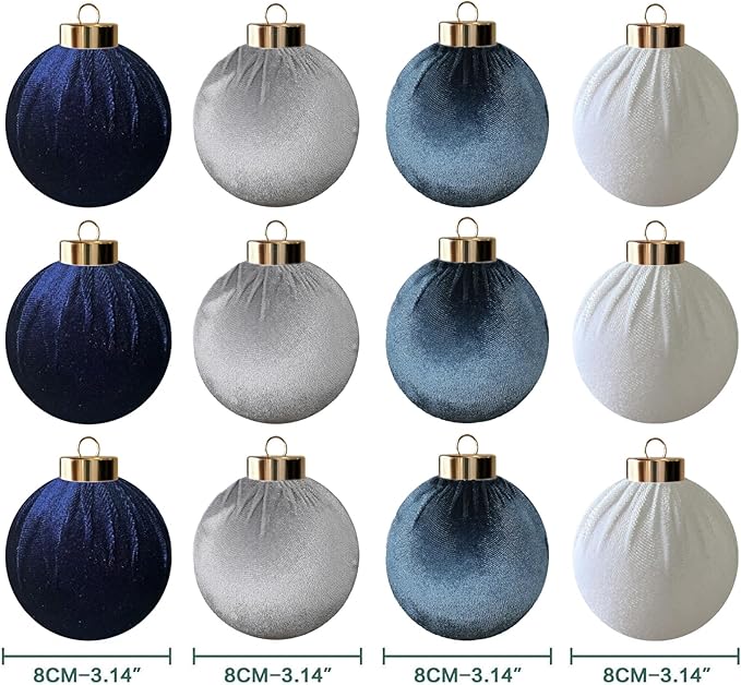 12Pcs Velvet Christmas Ornaments Balls,Blue Christmas Tree Decoration Shatterproof Ball with Hanging for Party Decor Multicolor Dusty Blue 80mm/3.15in