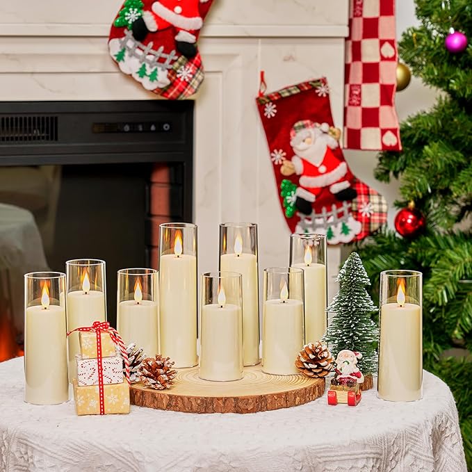 Amagic Ivory Flameless Candles with Remote, Battery Operated Candles with Timer, Acrylic Plexiglass Flickering LED Fake Candle for Wedding, Holiday, Home Decor, Set of 9, D2.2 x H5 6" 7"