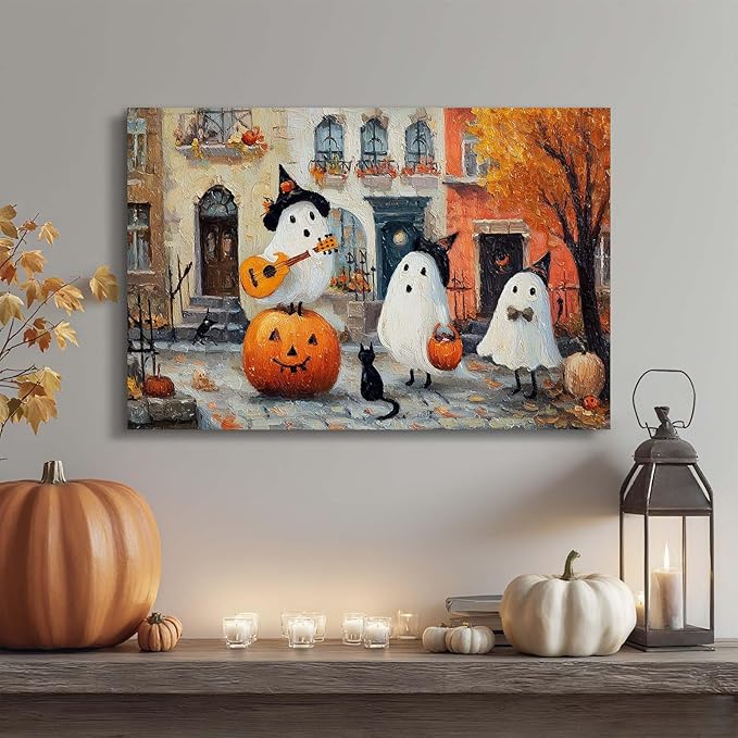 Laoife Vintage Halloween Canvas Wall Art, Autumn Pumpkin Cute Ghost Canvas Prints, Halloween Party House Decoration (Ghost 5)