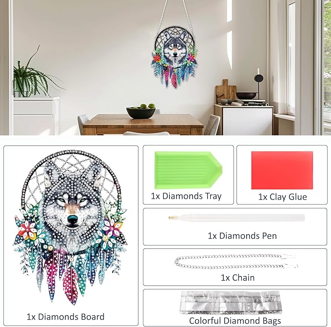 SENQAO Wolf Diamond Art Hanging Kit for Adult, Special Shaped Rhinestone, Double Sided DIY Acrylic Diamond Art Painting Window Pendants Home Garden Wall Hanging Kits Hanging Ornament (Dream Catcher)