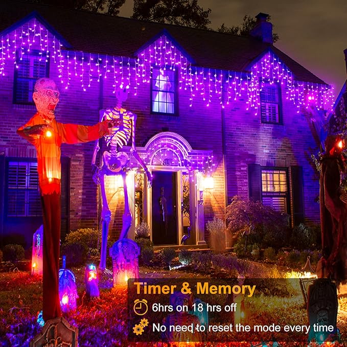 66ft Purple Halloween Lights Outdoor Indoor, 640 LED Icicle Lights for Outside Twinkle Christmas Lights with 120 Drops Clear Wire Timer 8 Modes for House Party Tree Yard Patio Eaves Holiday Decoration
