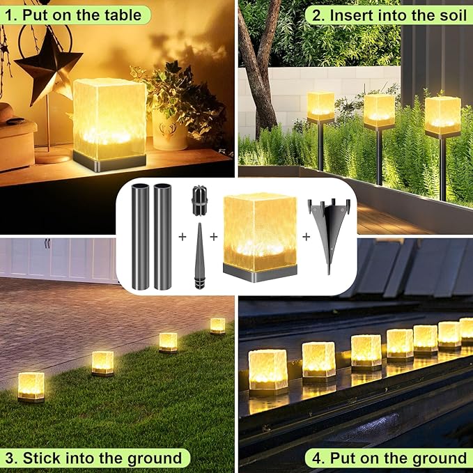 4 Pack Solar Pathway Lights Outdoor, Waterproof Ground Light Featuring Crystal-Clear Ice Brick Aesthetic, Multi-use Landscape Decoration Lighting Solar Powered Garden Lawn Lamp (Warm White)