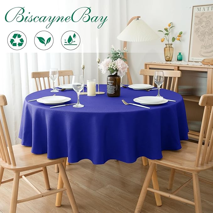 Biscaynebay Textured Fabric Round Tablecloths 60" for Round Tables diameters from 28" to 48", Royal Blue Water Resistant Folding Table Covers Washable for Dining, Kitchen, Wedding, Parties etc