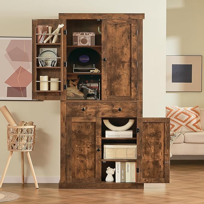 usikey 72” Kitchen Pantry Cabinet, Tall Storage Cabinet with 4 Doors and 1 Drawer, Freestanding Cupboard with 6 Hanging Shelves and Adjustable Shelves for Kitchen, Living Room, Rustic Brown