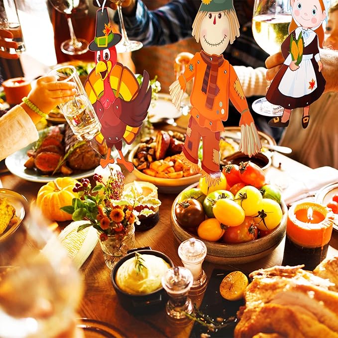 4 Pcs Thanksgiving Fall Harvest Decorations 18 in Turkey Scarecrow Wall Window Home Door Decoration Autumn Hanging Ornament Cutouts Thanksgiving Sign Jointed Figures Pilgrim Decor with Ribbon