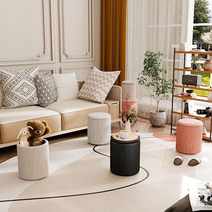 Ottoman with Storage Set of 2, Velvet Storage Ottoman, Upholstered Sponge Vanity Stool Support 300lbs, Multifunctional Coffee Table Foot Rest Ottomans for Living Room Bedroom, Beige