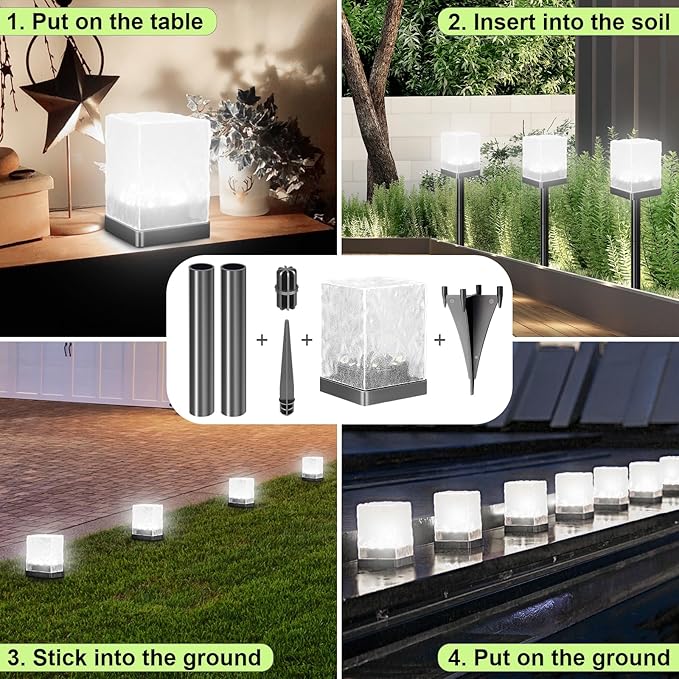 Solar Ice Brick Pathway Lights, LED Outdoor Waterproof Ground Light, Multi-use Landscape Lighting for Lawn & Table | Auto On/Off Solar Powered Garden Yard Decoration (Cool White, 4 Pack)