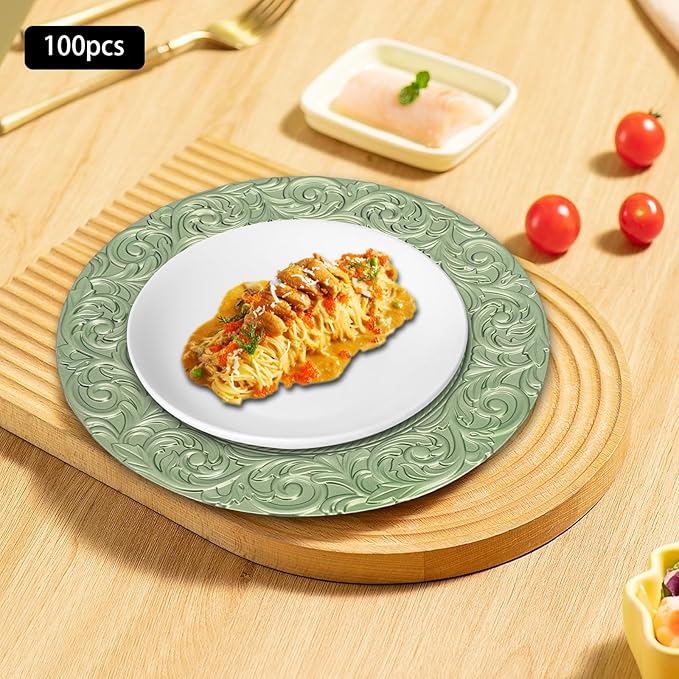 Antique Charger Plates Set 13'' Round Embossed Dinner Plate Chargers Plastic Elegant Floral Plates for Dinner Wedding Party Event Table Kitchen Decoration 100PCS (Green 100Pcs)
