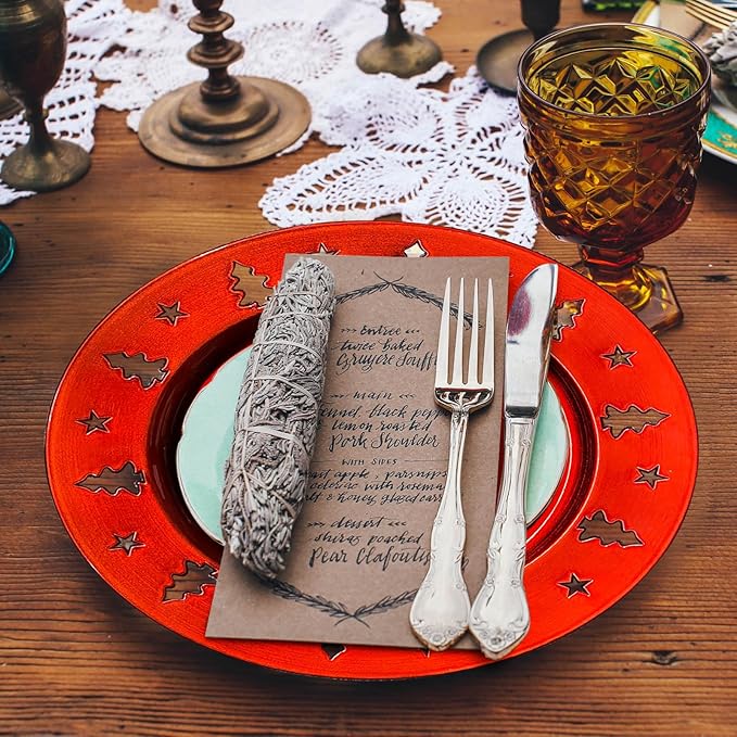 Red Christmas Tree Charger Plates - 13" Reusable Openwork Holidays Party Decorations Round Chargers for Dinner Plate - Elegant Table Setting Centerpieces 6 Pack