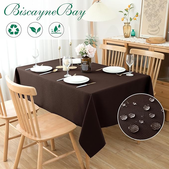 Biscaynebay Textured Fabric Tablecloths 52x70 Inches Rectangular, Brown Water Resistant Tablecloths for Dining, Kitchen, Wedding and Parties etc. Machine Washable