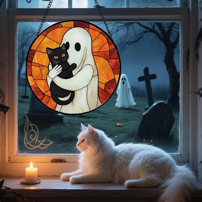 Stained Glass Window Hanging - Halloween Decorations White Ghost Black Cat Suncatcher for Doors Garden Spooky Funny Orange Sun Catchers Gothic Decor Horror Gifts for Women Men Friend 15 in