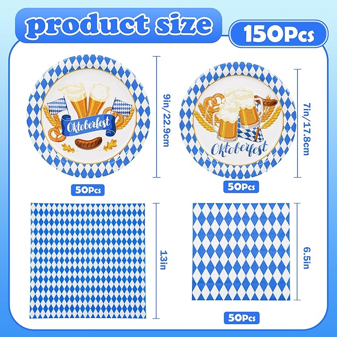 150Pcs Oktoberfest Party Supplies Oktoberfest Paper Plates and Napkins Oktoberfest Party Dinner Dessert Plate Disposable Decorations for Beer Festival Tableware,Serves 50 Guests