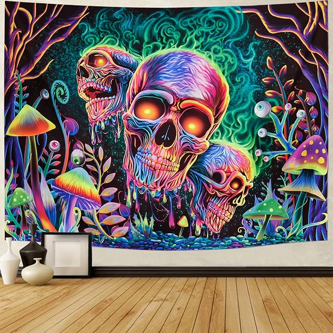 Amonercvita Blacklight Skull Tapestry Trippy Skeleton Wall Tapestries UV Reactive Neon Plants Trees Tapestries Aesthetic Galaxy Space Tapestry Wall Hanging for Bedroom Decor(W59.1×H78.7 inches)