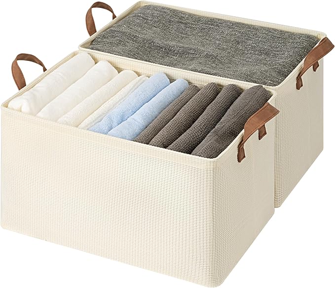 StorageWorks Storage Bins, Shelves Baskets for Organizing, 45L Extra Large Fabric Closet Organizers with Handles, Metal Frame, Beige(Texture), 2-Pack