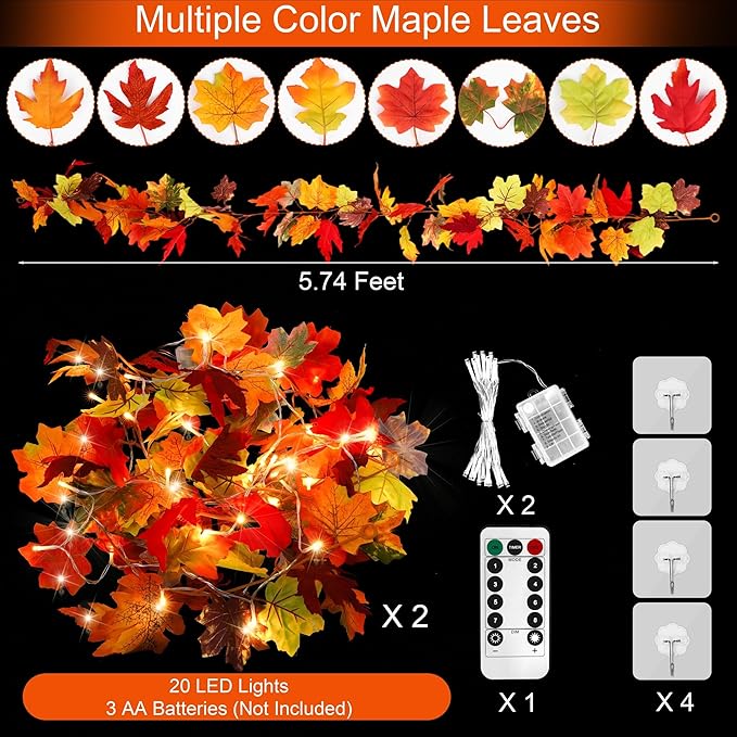 Aneco 2 Pack 5.74 Feet Each Maple Leaves Garlands with 8 Lighting Modes LED String Lights Artificial Maple Leaf Fall Decorations for Home Indoor Outdoor Thanksgiving Halloween Decor, Total 11.5 Feet