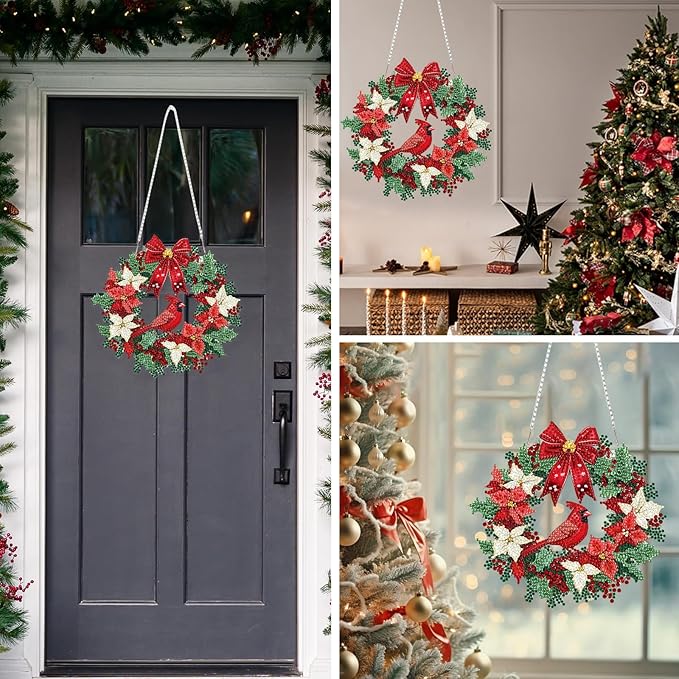 MEIYUDA Christmas Diamond Art Hanging Kits for Adult, Cardinal Wreath Diamond Painting Hanging Kits Ornaments, DIY Special Shaped Rhinestone Window Pendants kit for Home Garden Wall Decor Gift