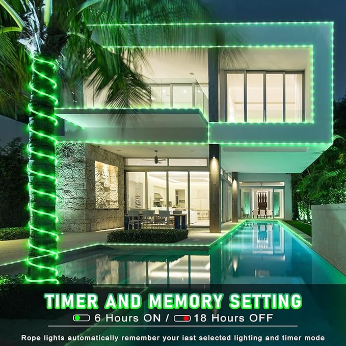 100FT 300 LED Rope Lights Outdoor, Plug in Christmas Rope Lights for Indoor with 8 Modes, Waterproof Connectable String Lights for Outside Patio, Deck, Garden, Pool, Stair, Camping Lighting - Green