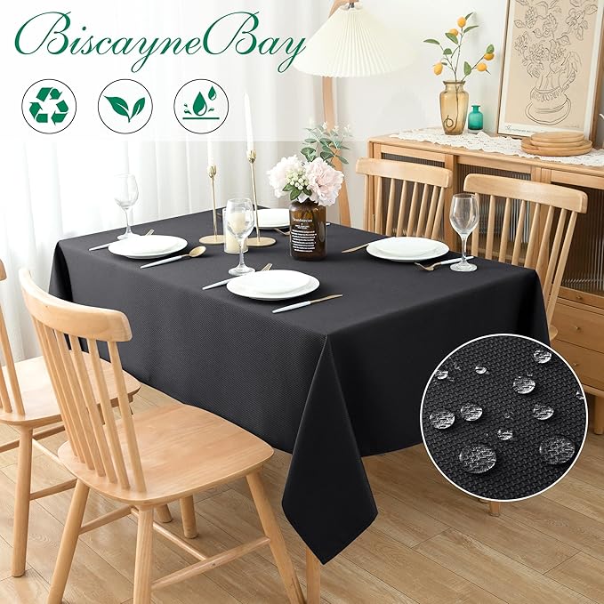 Biscaynebay Textured Fabric Tablecloths 70x108 Inches Rectangular, Black Water Resistant Spill Proof Tablecloths for Dining, Kitchen, Wedding and Parties, Machine Washable