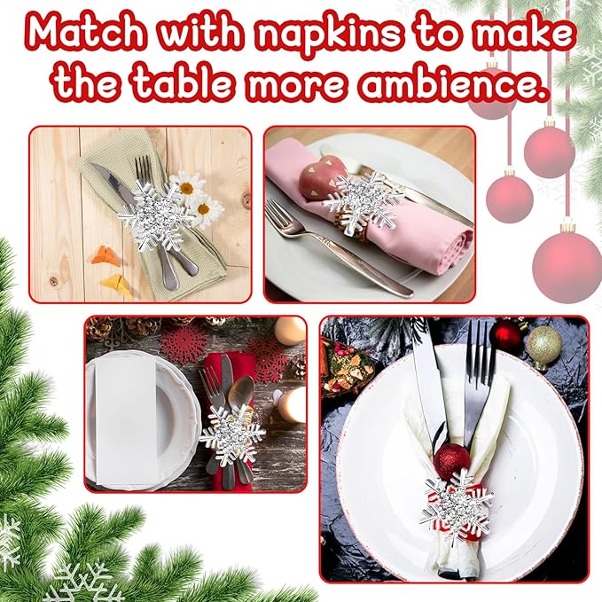 Halatool Set of 8 Christmas Napkin Rings Silver Snowflake with White Rhinestone Napkin Holder for Christmas Thanksgiving Holiday Party Table Decoration