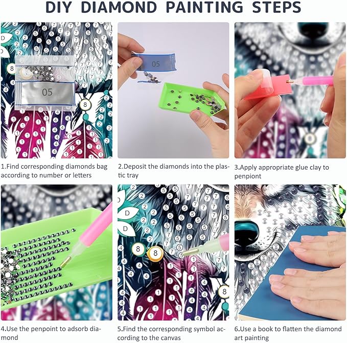 SENQAO Wolf Diamond Art Hanging Kit for Adult, Special Shaped Rhinestone, Double Sided DIY Acrylic Diamond Art Painting Window Pendants Home Garden Wall Hanging Kits Hanging Ornament (Dream Catcher)