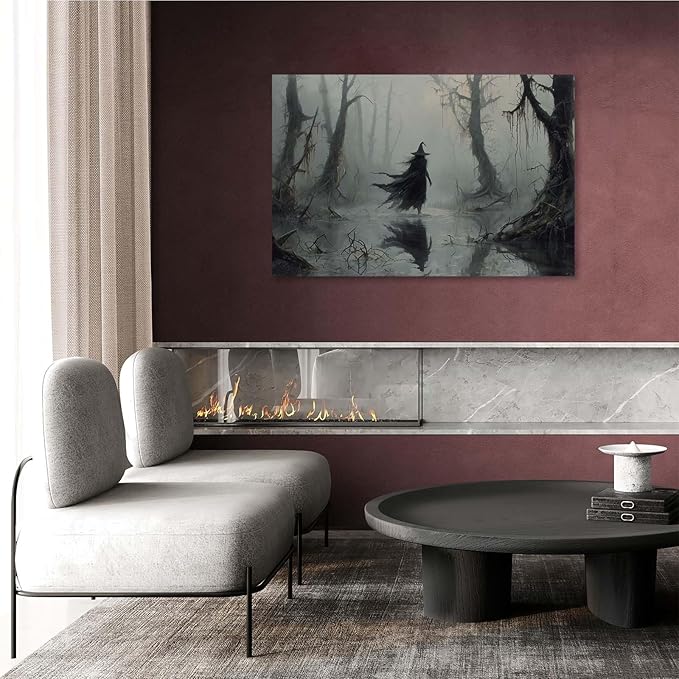 Vintage rustic swamp witch poster dark moody wall art gothic horror season halloween print for home decor retro dark moody painting28x40in Wood Framed