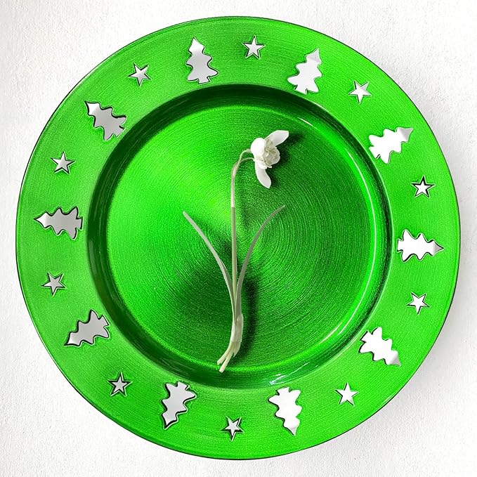 Green Christmas Tree Charger Plates - 13" Reusable Openwork Holidays Party Decorations Round Chargers for Dinner Plate - Elegant Table Setting Centerpieces 6 Pack