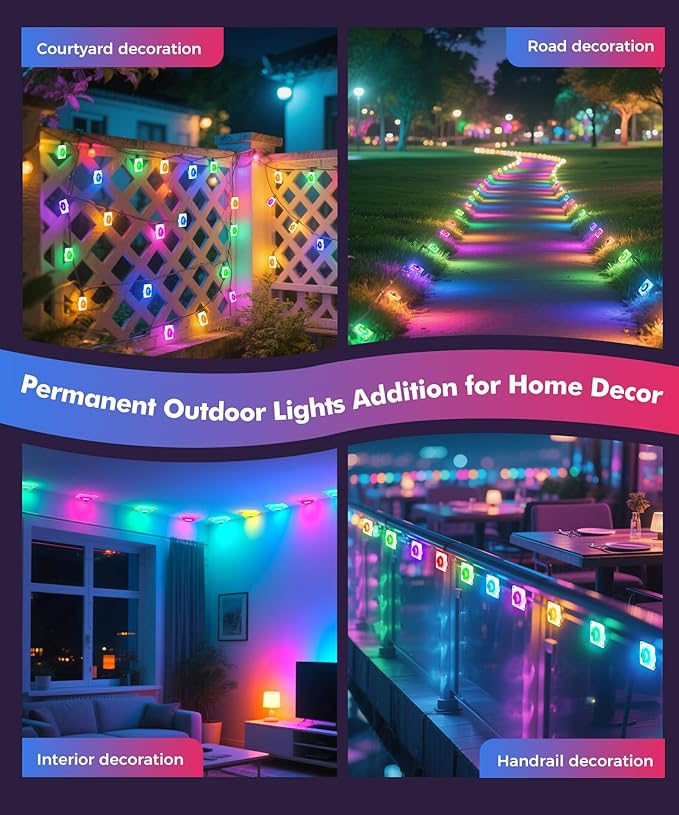 POOFZY Permanent Outdoor Lights for House, 50ft RGB+IC Smart Outdoor Decor, 50 Scene Modes, App/Remote Control, IP68 Waterproof, for Christmas, Holiday, Daily & Pool Party Decor, House Roof Lighting