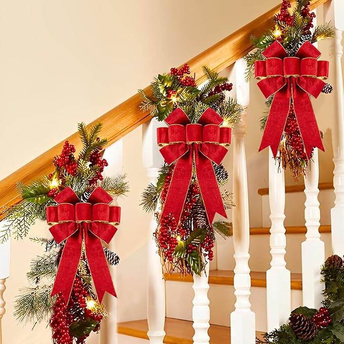 1Pack Large Christmas Bows Velvet Red Bows Holiday Red Christmas Bows Decorations for Wreath Velvet Bows Decor for Christmas Tree Topper, Front Door, Outdoor(14 * 12 inch)