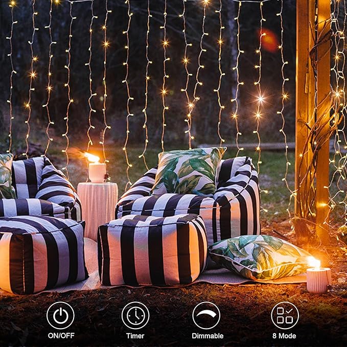echosari 300 LED Curtain Lights Battery Operated, 9.8ft×9.8ft Hanging Light with Remote Timer Fairy Curtain Lights for Bedroom Patio Wedding Backdrop Party Decór (Warm White)