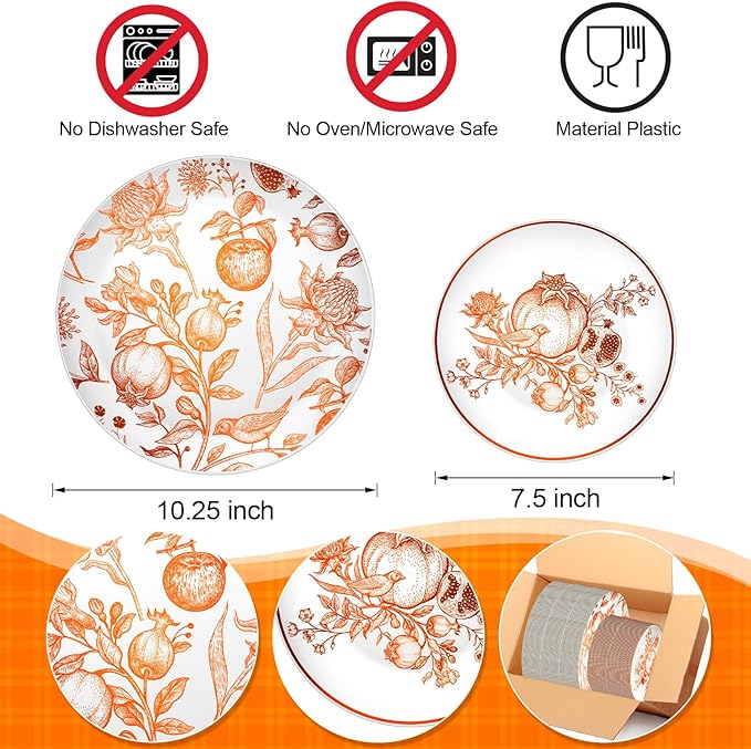 Fall Thanksgiving Disposable Plastic Plates Set for Guests Wildflower Pomegranate Chinoiserie Embossed Vintage Dessert Tableware for Autumn Wedding Party Dinnerware Supplies(80 Pcs)