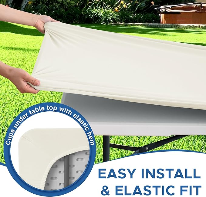Fitted Tablecloth for 8 Foot Rectangle Tables-4 Pack Cream Elastic Outdoor Picnic Table Cover-Spandex Stretch Folding Table Cloths 8ft for Camping Dining Room Patio Kitchen Banquet Party