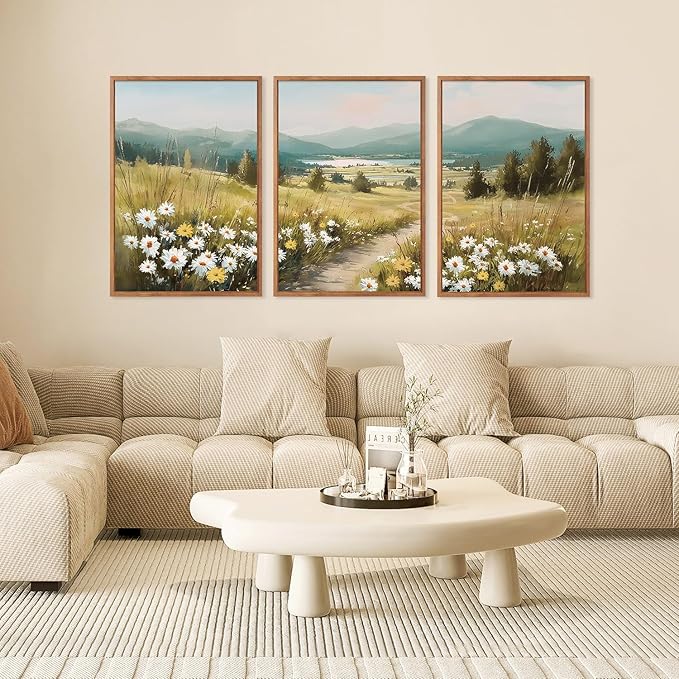 KAIRNE Field Canvas Wall Art,Vintage Landscape Wall Decor,Wildflower Prints Set of 3(16”X24”),Nature Botanical Floral Posters,Rustic Paintings for Kitchen Living Room Bedroom Farmhouse Decor,Framed