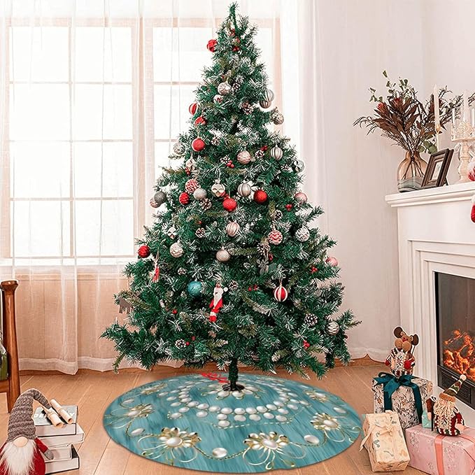 36" Christmas Tree Skirt with Elegant Aqua Pearl Christmas Angel Pattern Turquoise Tree Mat Base Cover for Xmas Festive Holiday Party Decoration Ornaments