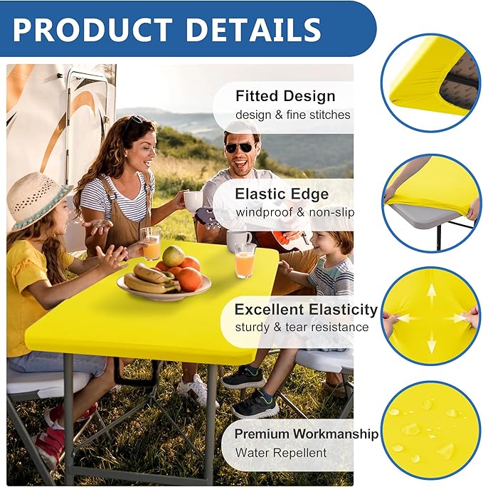 Fitted Tablecloth for 6 Foot Rectangle Tables-6 Pack Yellow Elastic Outdoor Picnic Table Cover-Spandex Stretch Folding Table Cloths 6 ft for Camping Dining Room Patio Kitchen Banquet Party