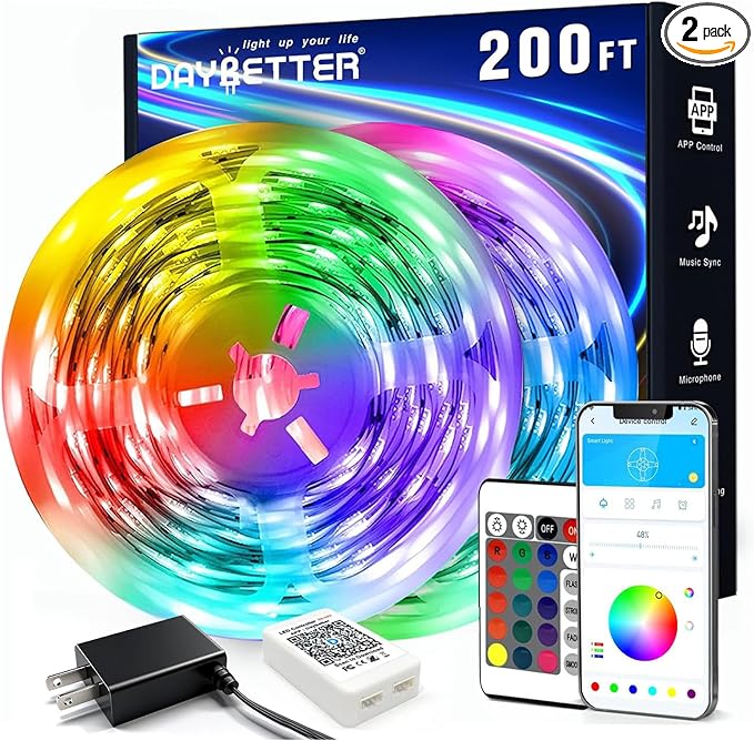 DAYBETTER LED Strip Lights 200 ft (2 Rolls of 100 ft), Smart App Control Lighting Bedroom Rome Decor with Remote, RGB Music Sync Color Changing LED Lights for Party