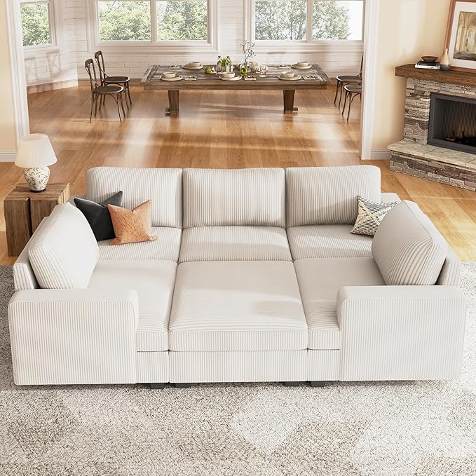 Nolany Modular Sectional Couch with Storage Ottoman, Corduroy Sleeper Sectional Sofa with Chaise, Sectional Couches for Living Room, Beige