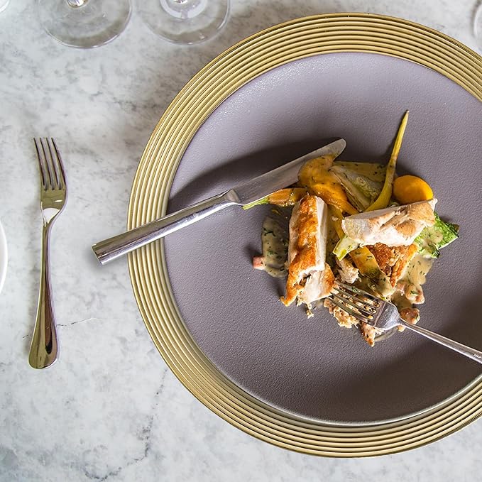 13" Round Charger Plates, 6 pack Ring Pattern Plastic Chargers for Dinner Plate, Vintage Charger Plates Bulk Wedding, Metallic Foil Gold