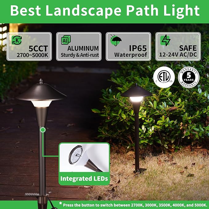 Outdoor Low Voltage Pathway Light - 5CCT Adjustable Walkway Lights LED, 12V Landscaping Pathlights, Mushroom Shape Driveway Lighting Waterproof IP65 ORB Aluminum for Sidewalk Lawn (10 Pack)