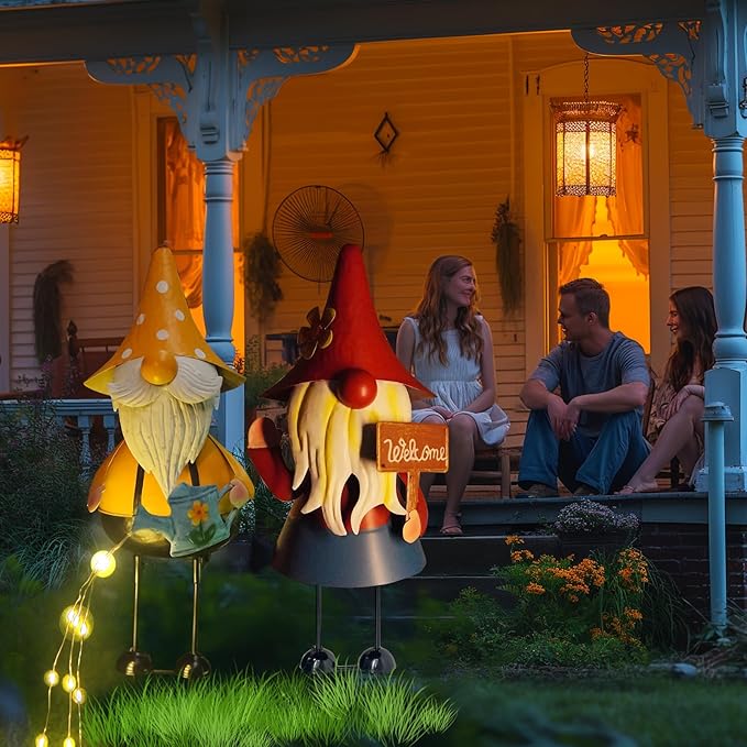 HONGLAND Metal Gnome Yard Art -18 Inch Garden Gnomes Statues Outdoor Decor with Watering Can Solar Lights -3D Outdoor Figurines for Patio Yard Lawn Porch Ornament Gardening Gifts