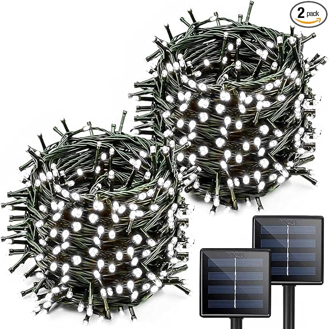 2 Pack Solar Christmas Lights Outdoor, 400 LED 144FT Extra-Long Solar String Lights Waterproof with Green Wire 8 Lighting Modes, Twinkle Light for Xmas Tree Fence Porch Garden Party Decor, Cool White