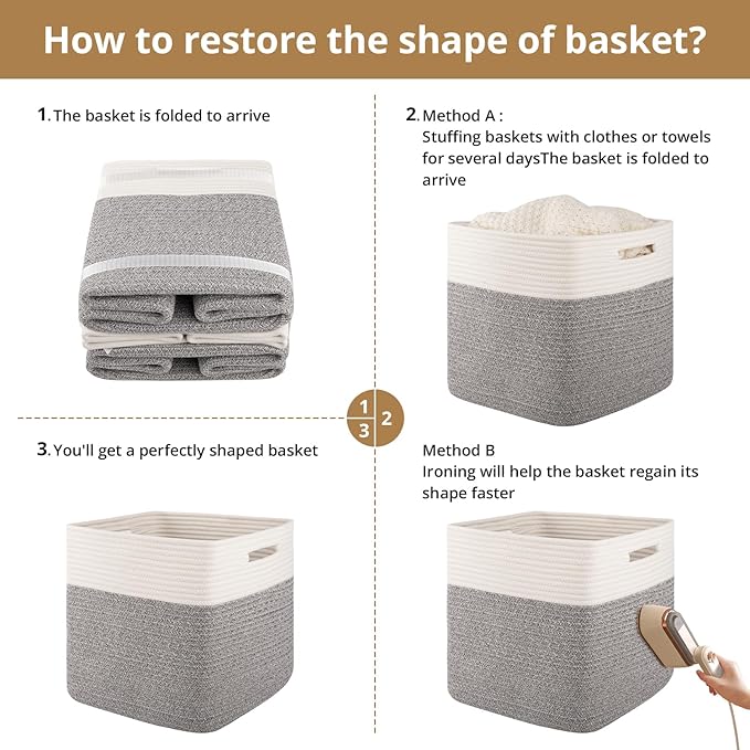 OIAHOMY 13 Kallax Inch Cube Storage Bins, 3-Pack Cotton Rope Woven Baskets for Organizing, Kallax Insert Storage Baskets for Shelves, Baby Nursery, Closet Organizer, 13*13*12.6IN, Grey & White