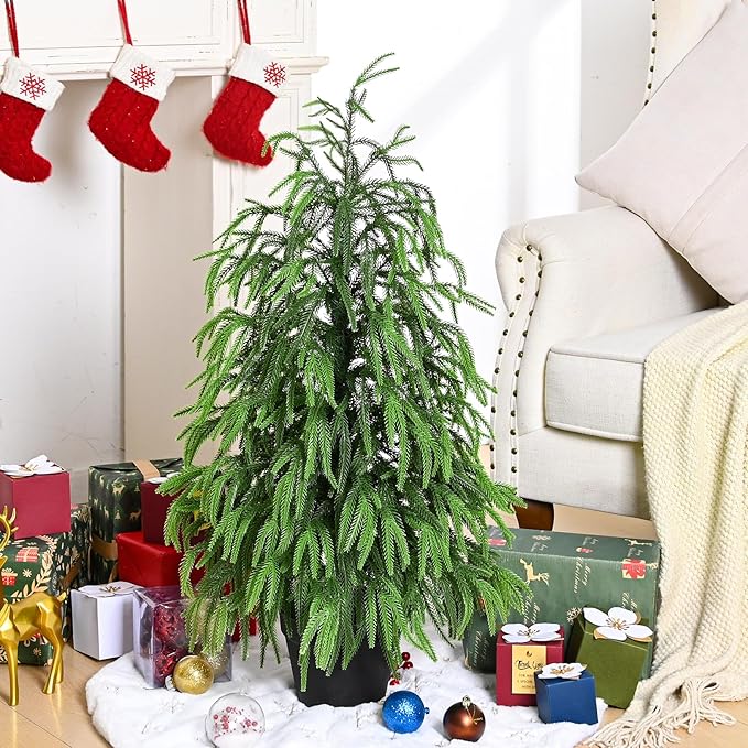 Artificial Norfolk Pine Tree, 3 ft Realistic Christmas Tree, Fake Potted Plants for Front Porch Outdoor Indoor Garden Christmas Decor