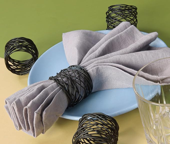 12 PCS Heavy Duty Metal Napkin Rings Set - Elegant Round Mesh Design for Table Decor, Durable Serviette Holders for Wedding, Dinner Party, Everyday Use (Black) - ALPHA Living HOME