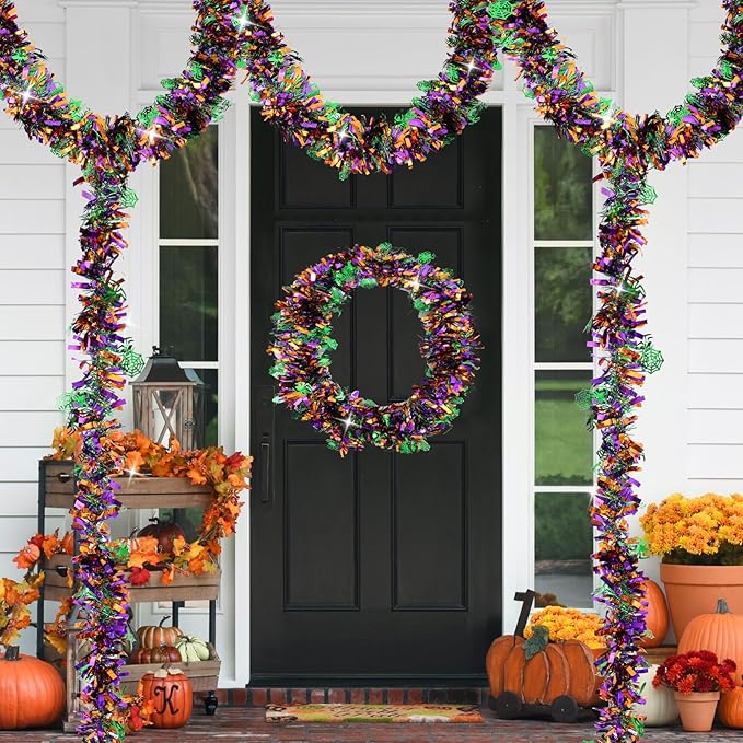 33 FT Halloween Tinsel Garland Decorations,Orange Purple Green Halloween Garland with Spider,Spider Web Shiny Metallic Garlands for Indoor Outdoor Decorations