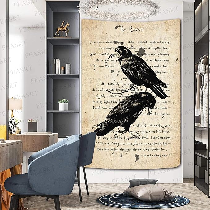 FEASRT The Raven Tapestry Nevermore Wall Decor Vintage Poe Gothic Rustic Home Room Raven Wall Hanging 40x60inch for Living Room Bedroom Dormitory Office GTQQAY1185