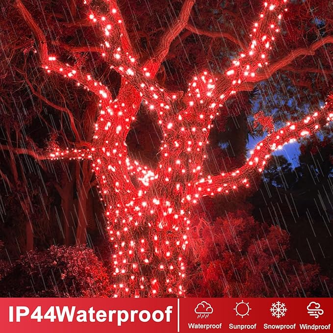 250 LED Red String Lights Outdoor, 82ft Red Christmas Lights 8 Modes Clear Wire, Plug in Waterproof Fairy String Light for Bedroom Christmas Decorations