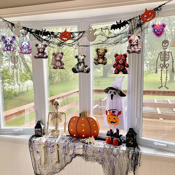 Halloween Tree Hanging Ornaments, 9 Pcs Cute Acrylic Pendant, Terror Bear Halloween Accessories, Funny Cartoon Christmas Tree Decoration for Mini Characters Decorations Indoor Outdoo