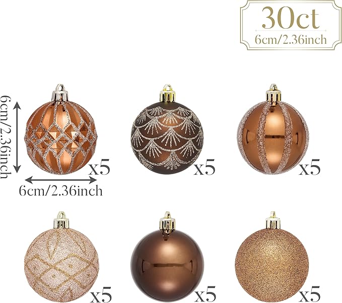 Valery Madelyn Christmas Ornaments Set, 30ct 2.36 Inches Bronze Copper Brown Gold Shatterproof Christmas Tree Decorations Ball Ornaments Bulk, Elegant Hanging Ornaments for Xmas Holiday Party Decor